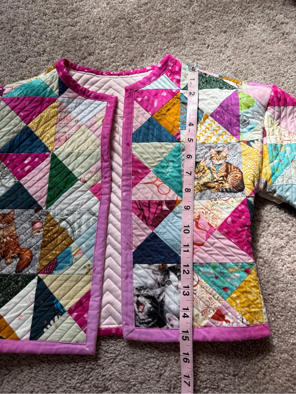 Girls handmade Colorful Triangle Patchwork Quilted Jacket with Kitty cat print - Picture 7 of 13